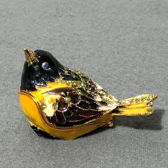 Bird Enameled Trinket box Black Head Yellow Wings Bejeweled - Picture 5 of 10